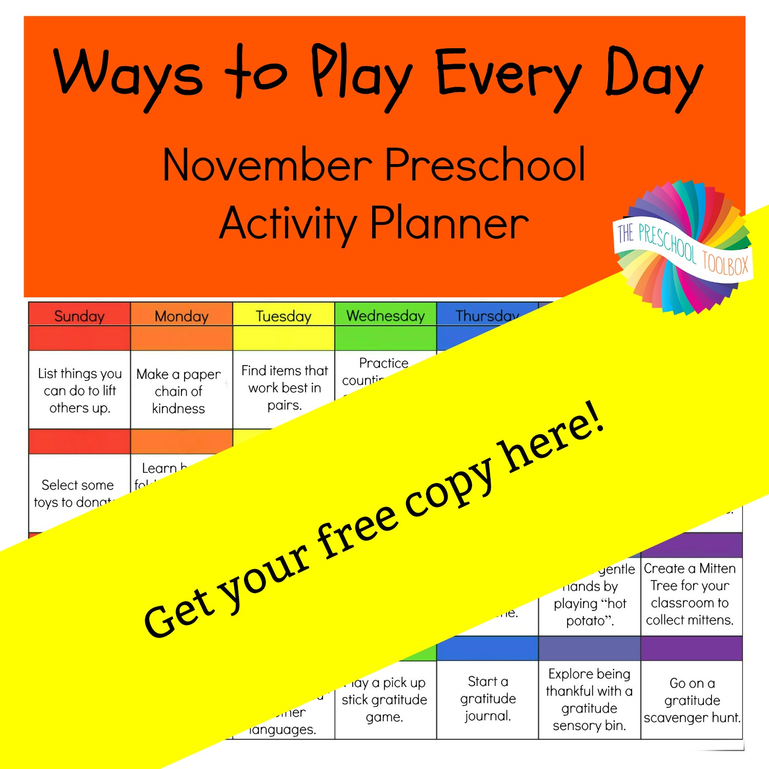 Ways To Play Every Day November Activity Calendar For Preschoolers The Preschool Toolbox Blog